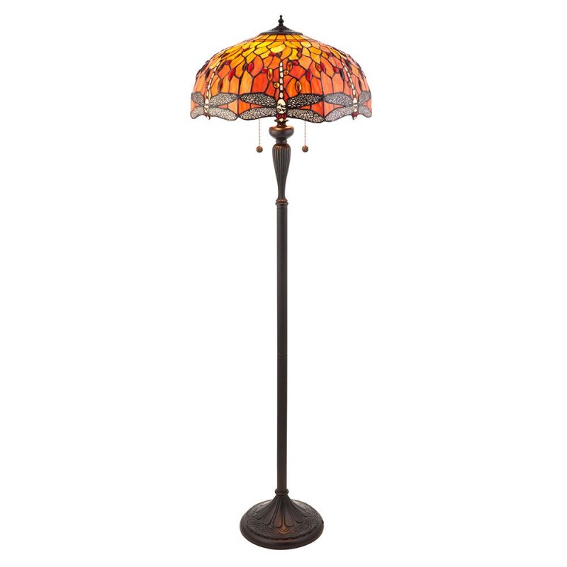 Interiors1900-64070 - Dragonfly Flame - Satin Black 2 Light Floor Lamp with Tiffany Glass