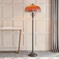 Dragonfly Flame - Satin Black 2 Light Floor Lamp with Tiffany Glass