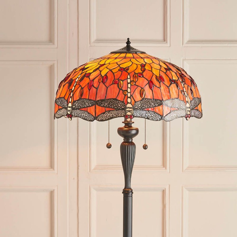 Interiors1900-64070 - Dragonfly Flame - Satin Black 2 Light Floor Lamp with Tiffany Glass