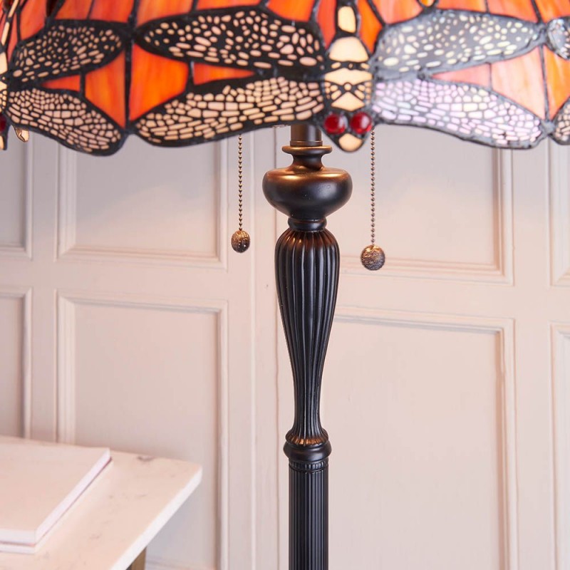 Interiors1900-64070 - Dragonfly Flame - Satin Black 2 Light Floor Lamp with Tiffany Glass