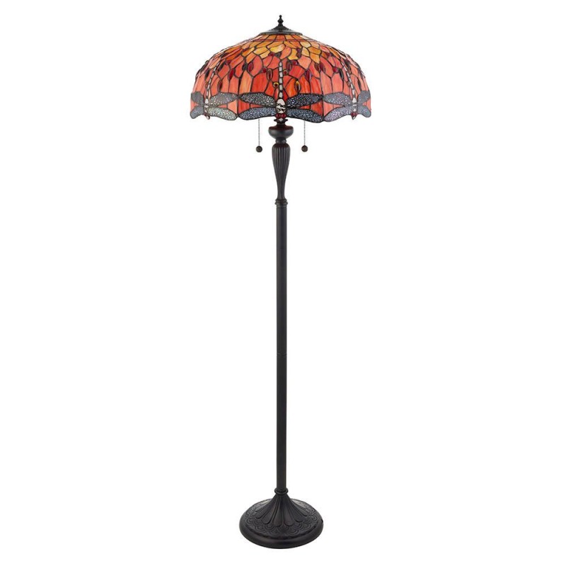 Interiors1900-64070 - Dragonfly Flame - Satin Black 2 Light Floor Lamp with Tiffany Glass
