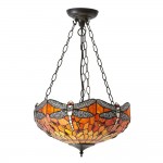 Dragonfly Flame - Satin Black 3 Light Pendant with Tiffany Glass