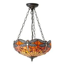 Dragonfly Flame - Satin Black 3 Light Pendant with Tiffany Glass