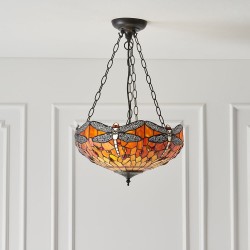 Dragonfly Flame - Satin Black 3 Light Pendant with Tiffany Glass