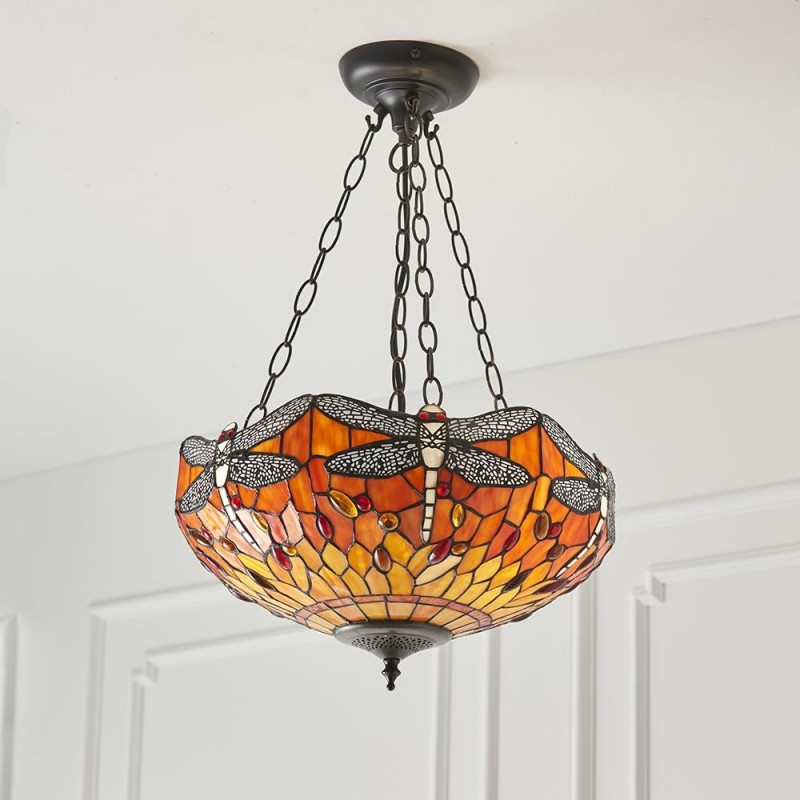Ceiling Lights - Dragonfly Flame - Tiffany Glass & Dark Bronze 3 Light Pendant Interiors1900-64076 - Dragonfly Flame - Tiffany Glass & Dark Bronze 3 Light Pendant