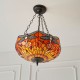 Interiors1900-64076 - Dragonfly Flame - Satin Black 3 Light Pendant with Tiffany Glass