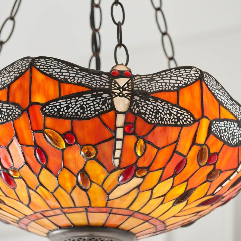 Interiors1900-64076 - Dragonfly Flame - Satin Black 3 Light Pendant with Tiffany Glass