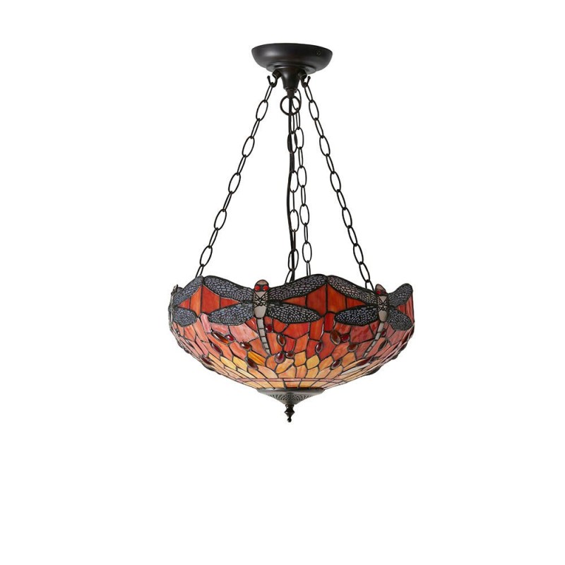 Interiors1900-64076 - Dragonfly Flame - Satin Black 3 Light Pendant with Tiffany Glass