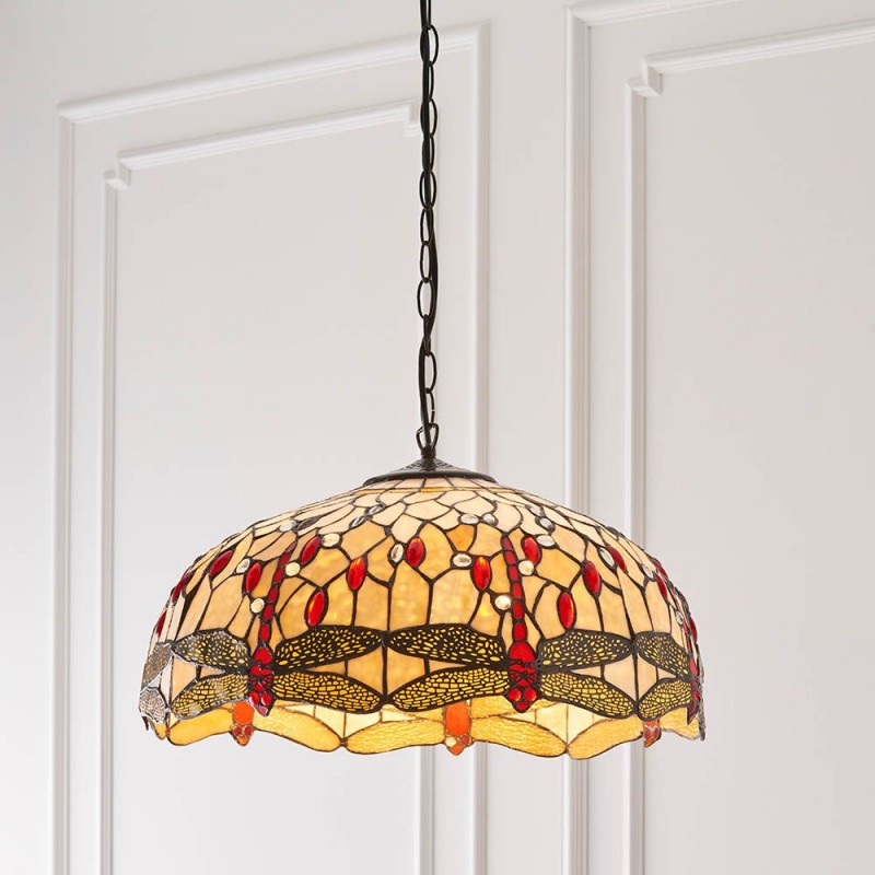 Interiors1900-64079 - Dragonfly Beige - Satin Black 3 Light Pendant with Tiffany Glass