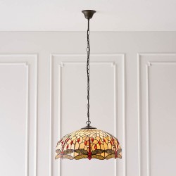 Dragonfly Beige - Satin Black 3 Light Pendant with Tiffany Glass