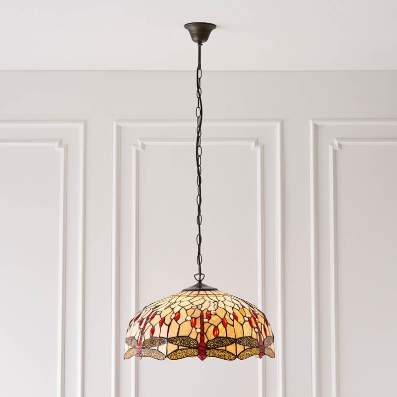 Interiors1900-64079 - Dragonfly Beige - Satin Black 3 Light Pendant with Tiffany Glass