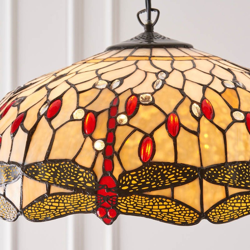 Interiors1900-64079 - Dragonfly Beige - Satin Black 3 Light Pendant with Tiffany Glass