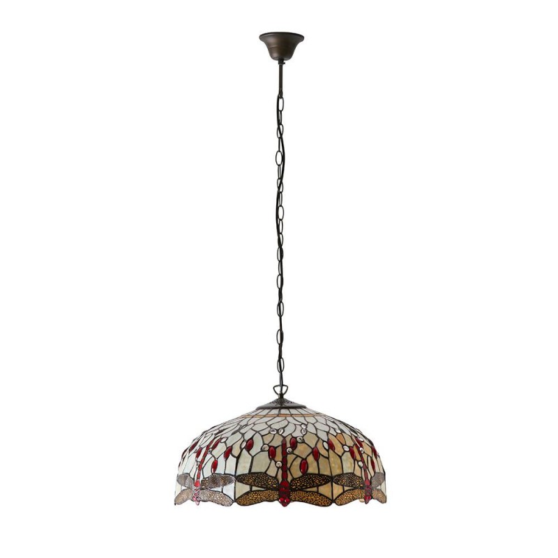 Interiors1900-64079 - Dragonfly Beige - Satin Black 3 Light Pendant with Tiffany Glass