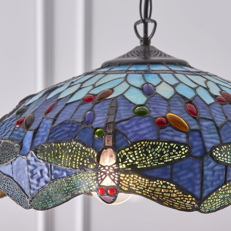Interiors1900-64080 - Dragonfly - Tiffany Glass & Dark Bronze 3 Light Pendant