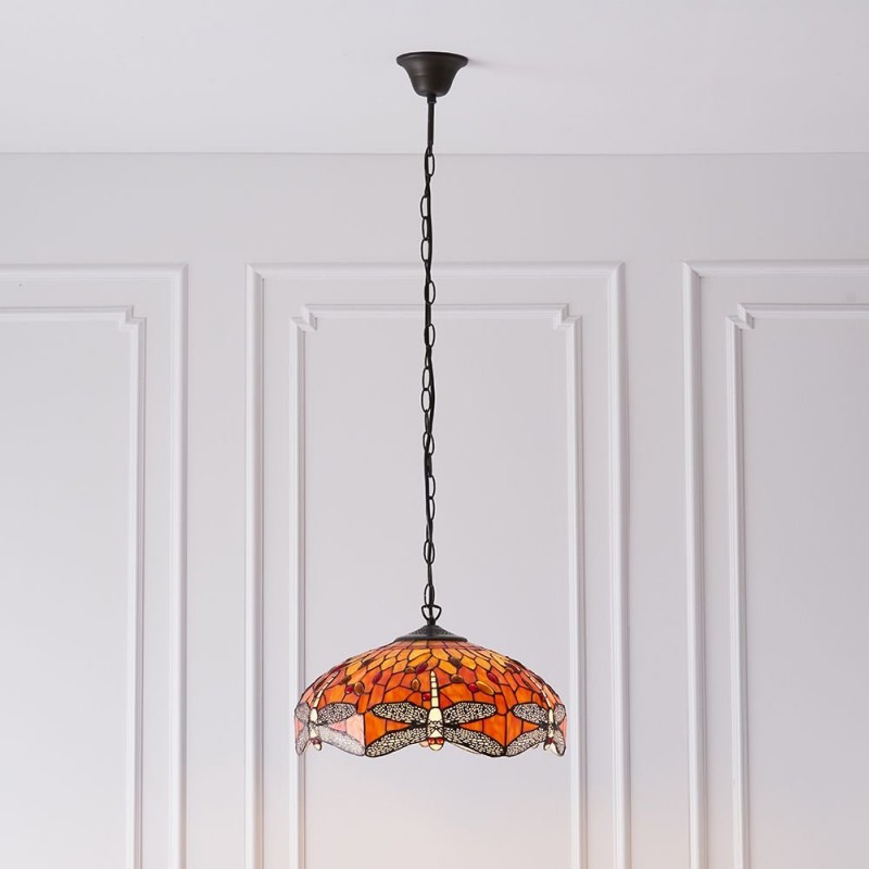 Ceiling Lights - Dragonfly Flame - Tiffany Glass & Dark Bronze 3 Light Pendant Interiors1900-64081 - Dragonfly Flame - Tiffany Glass & Dark Bronze 3 Light Pendant