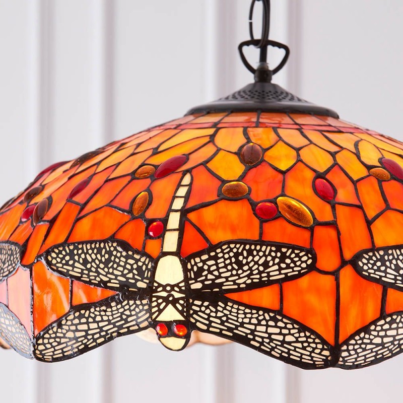 Interiors1900-64081 - Dragonfly Flame - Satin Black 3 Light Pendant with Tiffany Glass