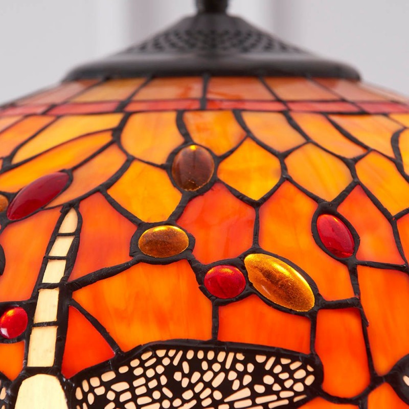 Interiors1900-64081 - Dragonfly Flame - Satin Black 3 Light Pendant with Tiffany Glass