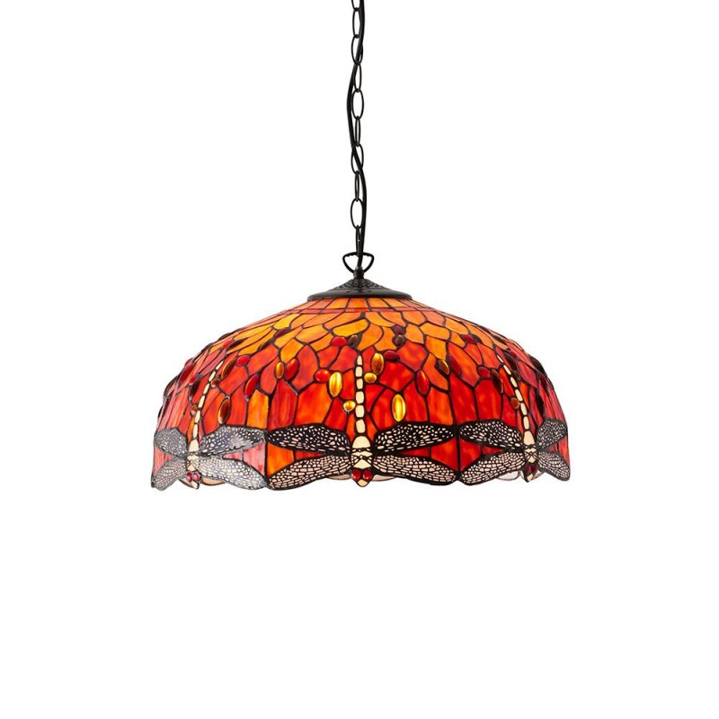 Interiors1900-64082 - Dragonfly Flame - Satin Black 3 Light Large Pendant with Tiffany Glass