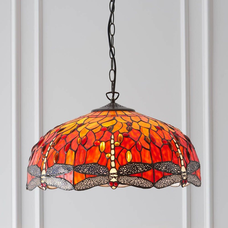 Interiors1900-64082 - Dragonfly Flame - Satin Black 3 Light Large Pendant with Tiffany Glass