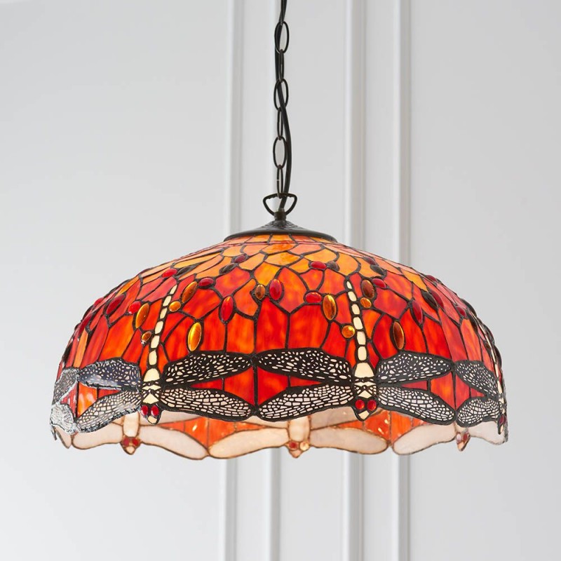 Interiors1900-64082 - Dragonfly Flame - Satin Black 3 Light Large Pendant with Tiffany Glass