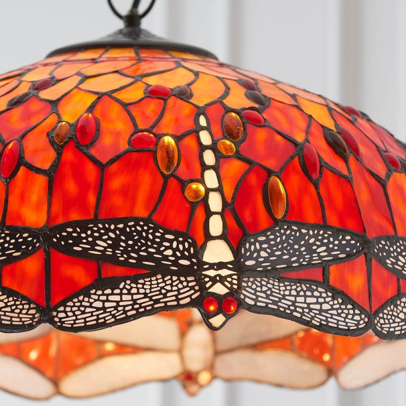 Interiors1900-64082 - Dragonfly Flame - Satin Black 3 Light Large Pendant with Tiffany Glass