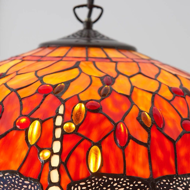 Interiors1900-64082 - Dragonfly Flame - Satin Black 3 Light Large Pendant with Tiffany Glass