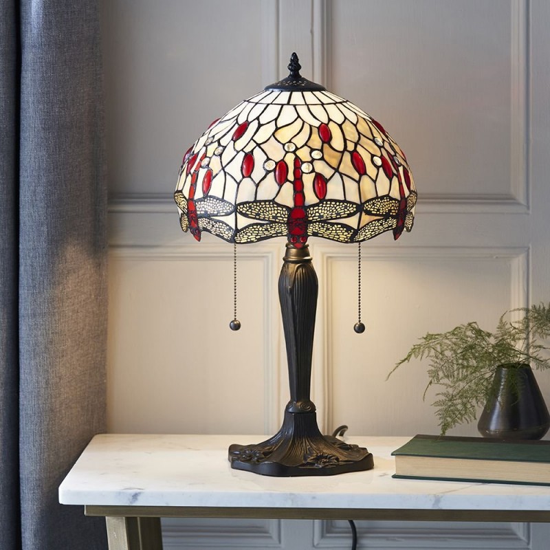 Interiors1900-64086 - Dragonfly Beige - Tiffany Glass & Dark Bronze Table Lamp