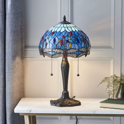 Dragonfly - Satin Black 2 Light Small Table Lamp with Tiffany Glass