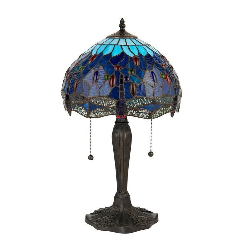 Interiors1900-64090 - Dragonfly - Satin Black 2 Light Small Table Lamp with Tiffany Glass