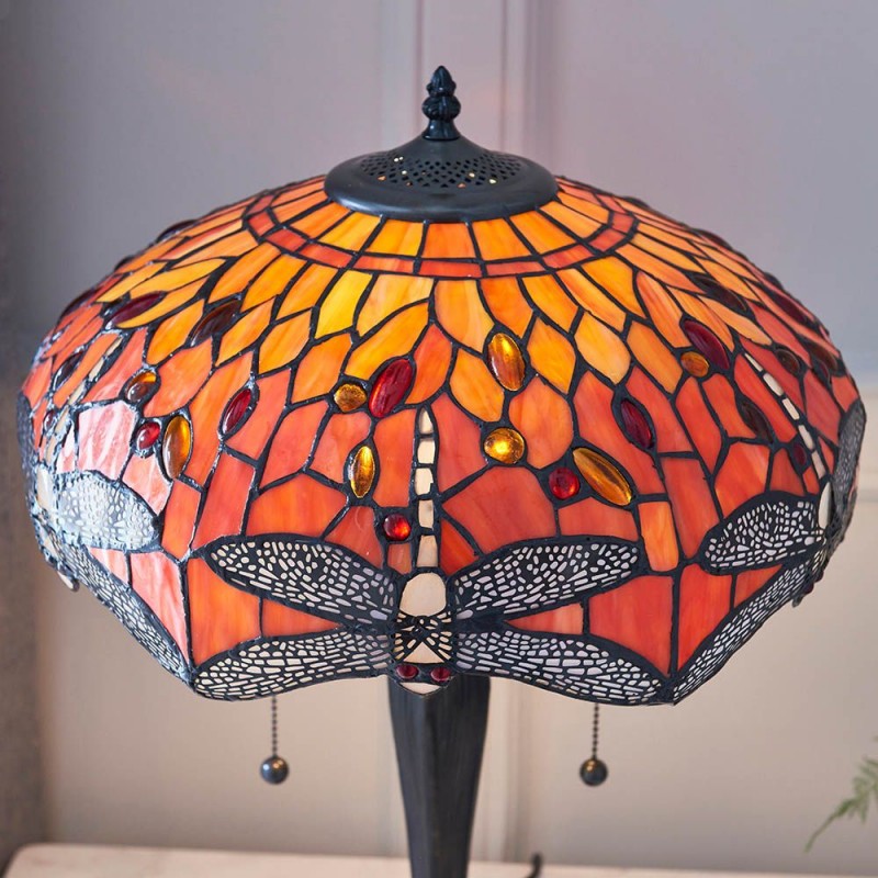 Interiors1900-64093 - Dragonfly Flame - Satin Black 2 Light Medium Table Lamp with Tiffany Glass