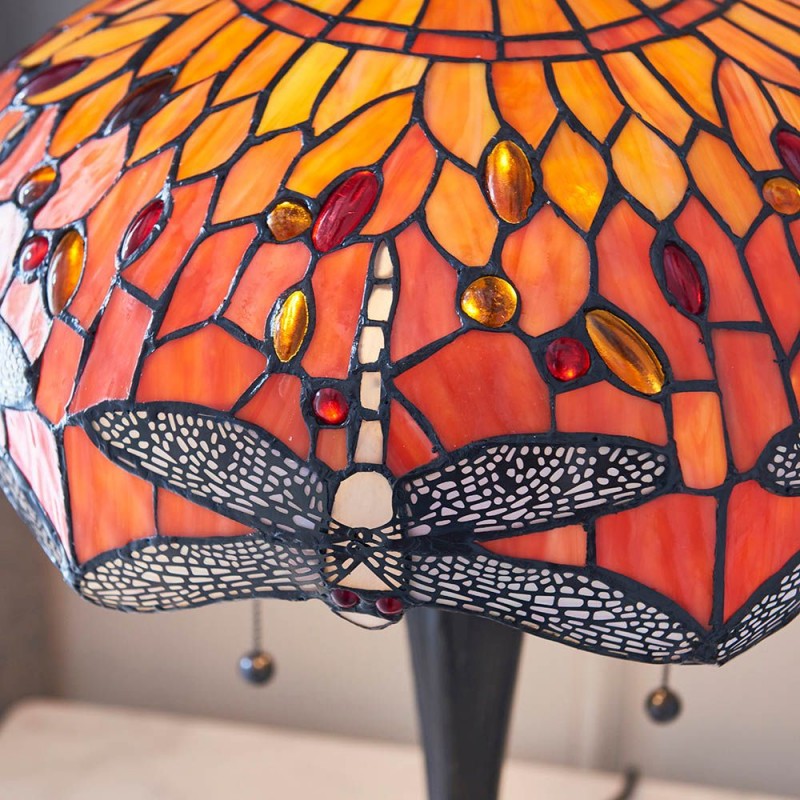 Interiors1900-64093 - Dragonfly Flame - Satin Black 2 Light Medium Table Lamp with Tiffany Glass
