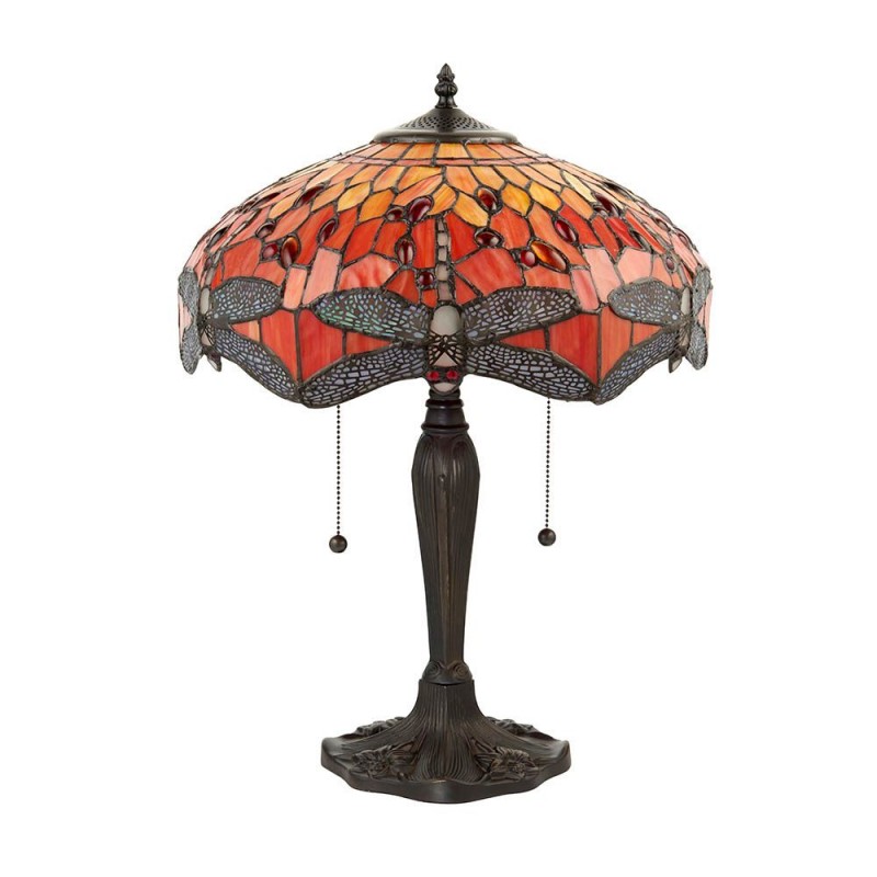 Interiors1900-64093 - Dragonfly Flame - Satin Black 2 Light Medium Table Lamp with Tiffany Glass