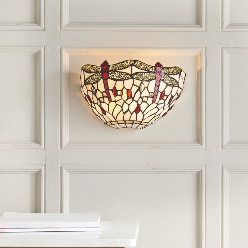 Wall Lights - Dragonfly Beige - Tiffany Glass & Black Wall Lamp Interiors1900-64101 - Dragonfly Beige - Tiffany Glass & Black Wall Lamp