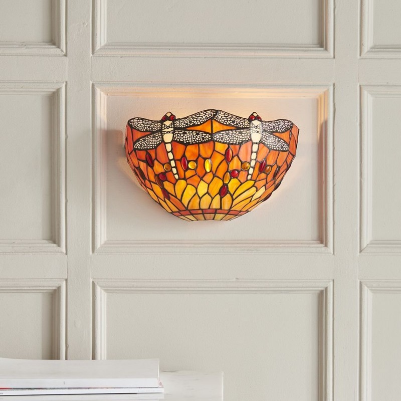 Wall Lights - Dragonfly Flame - Tiffany Glass & Black Wall Lamp Interiors1900-64103 - Dragonfly Flame - Tiffany Glass & Black Wall Lamp