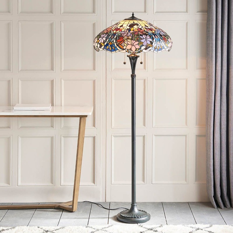 Interiors1900-64323 - Sullivan - Satin Black 2 Light Floor Lamp with Tiffany Glass