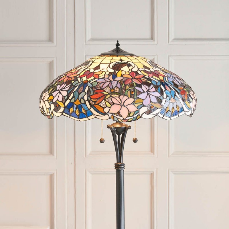 Interiors1900-64323 - Sullivan - Satin Black 2 Light Floor Lamp with Tiffany Glass