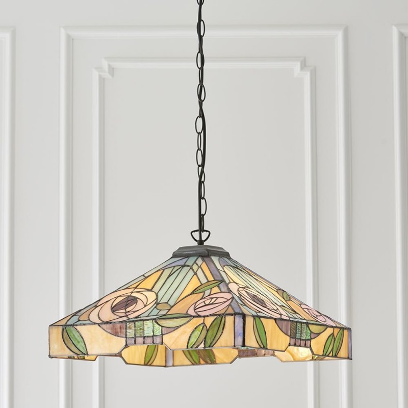 Interiors1900-64384 - Willow - Satin Black 3 Light Pendant with Tiffany Glass