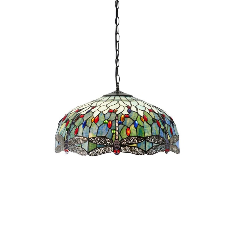 Interiors1900-66148 - Dragonfly - Satin Black 3 Light Pendant with Tiffany Glass