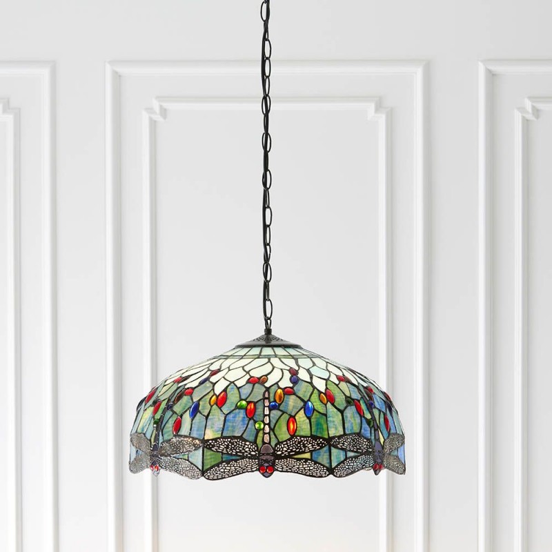 Interiors1900-66148 - Dragonfly - Satin Black 3 Light Pendant with Tiffany Glass