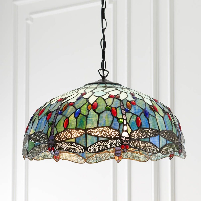 Interiors1900-66148 - Dragonfly - Satin Black 3 Light Pendant with Tiffany Glass