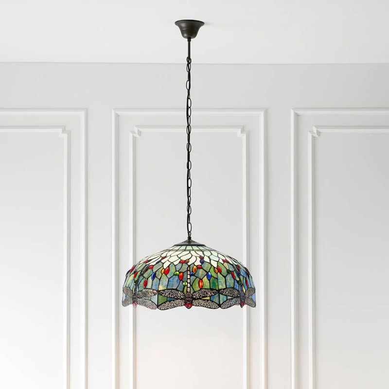Interiors1900-66148 - Dragonfly - Satin Black 3 Light Pendant with Tiffany Glass