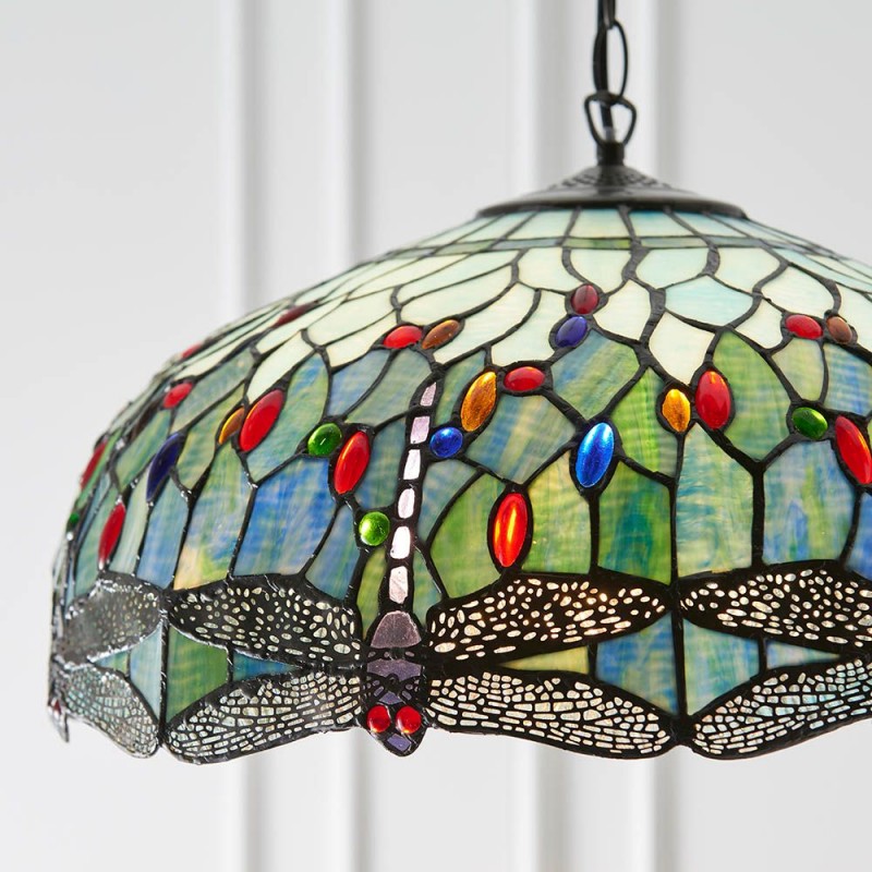 Interiors1900-66148 - Dragonfly - Satin Black 3 Light Pendant with Tiffany Glass