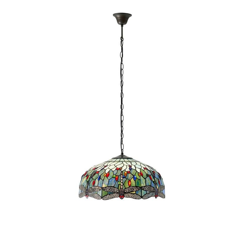 Interiors1900-66148 - Dragonfly - Satin Black 3 Light Pendant with Tiffany Glass