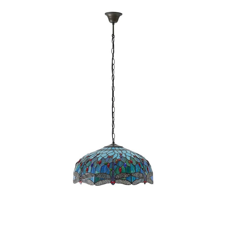 Interiors1900-66148 - Dragonfly - Satin Black 3 Light Pendant with Tiffany Glass