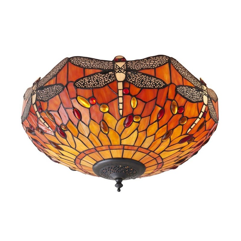 Ceiling Lights - Dragonfly Flame - Tiffany Glass & Dark Bronze Flush Interiors1900-70721 - Dragonfly Flame - Tiffany Glass & Dark Bronze Flush