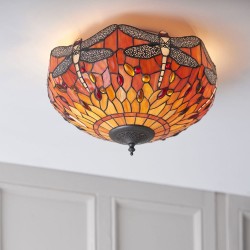 Dragonfly Flame - Satin Black 2 Light Flush with Tiffany Glass