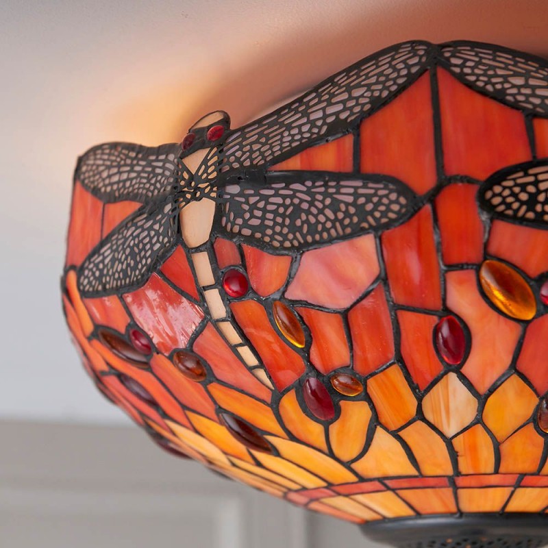 Interiors1900-70721 - Dragonfly Flame - Satin Black 2 Light Flush with Tiffany Glass