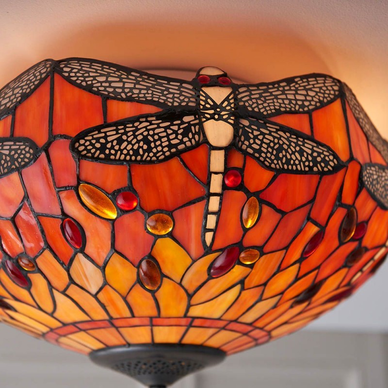 Interiors1900-70721 - Dragonfly Flame - Satin Black 2 Light Flush with Tiffany Glass