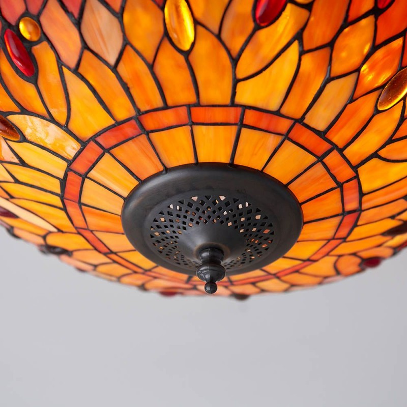 Interiors1900-70721 - Dragonfly Flame - Satin Black 2 Light Flush with Tiffany Glass