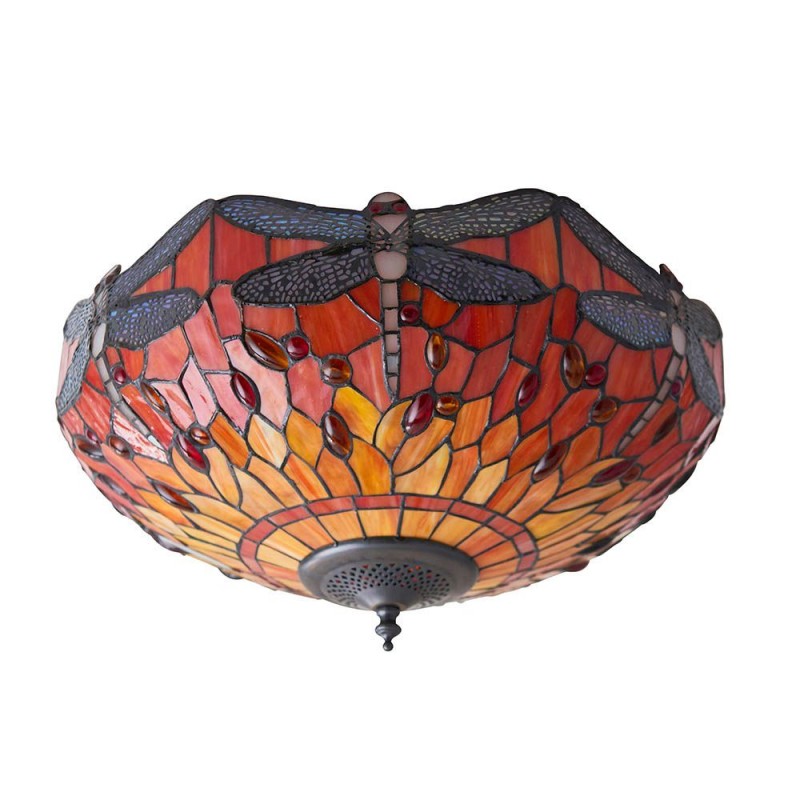 Interiors1900-70721 - Dragonfly Flame - Satin Black 2 Light Flush with Tiffany Glass